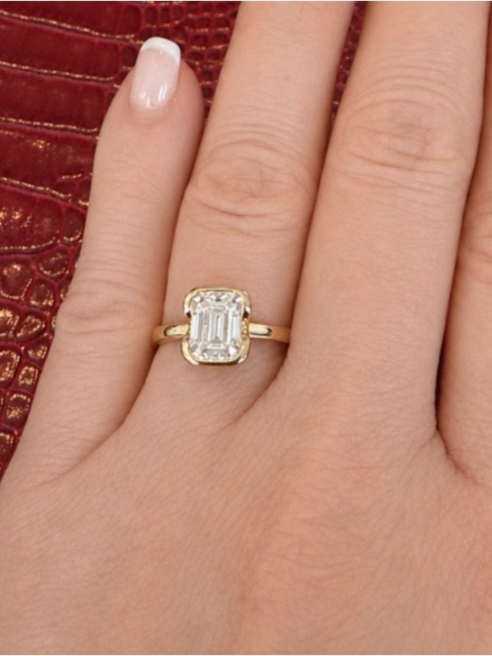 Emerald Cut Moissanite 2 ct. Sterling Silver w/ Yellow Gold Plating. Sz 8 - Picture 2 of 6